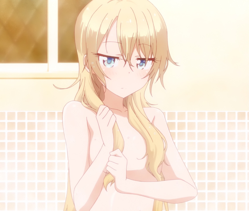 1girls bare_arms bare_shoulders blonde_hair blush breasts fanservice female female_only flat_chest highres holding_hair long_hair new_game! nude official official_art official_copyright screencap shower showering small_breasts solo stitched wet wet_hair yagami_kou