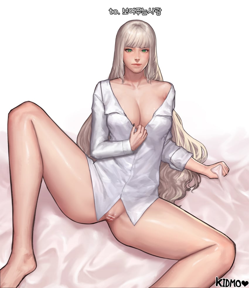 blonde_hair censored character_request commission dungeon_and_fighter dungeon_fighter_online female fringe green_eyes highres hime_cut kidmo kimdonga long_hair pussy shirt solo spread_legs very_long_hair white_hair