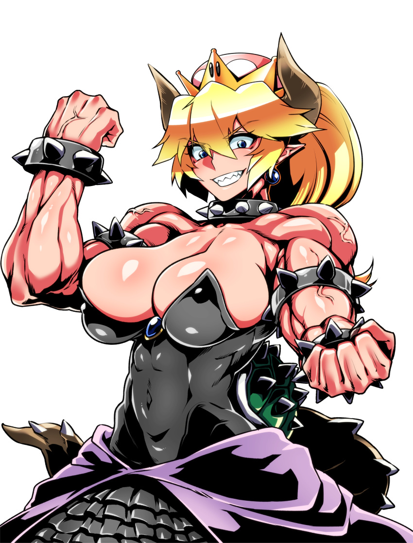 1girls armlet bare_shoulders blonde_hair bowsette breasts choker cleavage crown dress earrings female fully_clothed genderswap horns kaminari looking_at_viewer mario_(series) muscles muscular muscular_female new_super_mario_bros._u_deluxe nintendo pointy_ears sharp_teeth shell shiny_clothes smile solo spiked_armlet spiked_bracelet spiked_collar spiked_shell spiked_tail spikes strapless strapless_dress super_crown tail