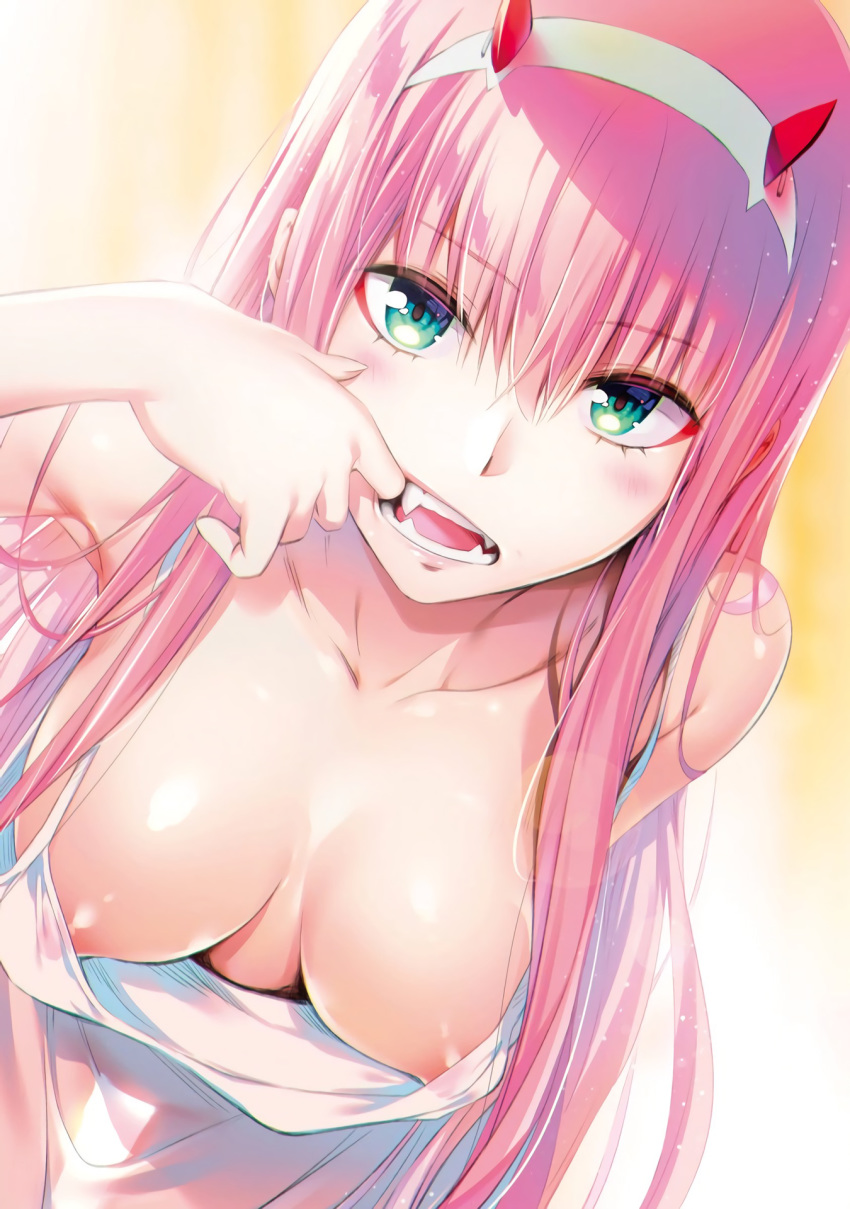 1girls areolae blush breasts collarbone darling_in_the_franxx down_blouse dress dutch_angle erect_nipples eyebrows_visible_through_hair eyeliner fangs female female_only green_eyes hairband highres horns long_hair looking_at_viewer lossy-lossless makeup medium_breasts mouth_pull nipple_slip no_bra pink_hair see-through see-through_silhouette sidelocks solo white_dress yabuki_kentarou zero_two_(darling_in_the_franxx)