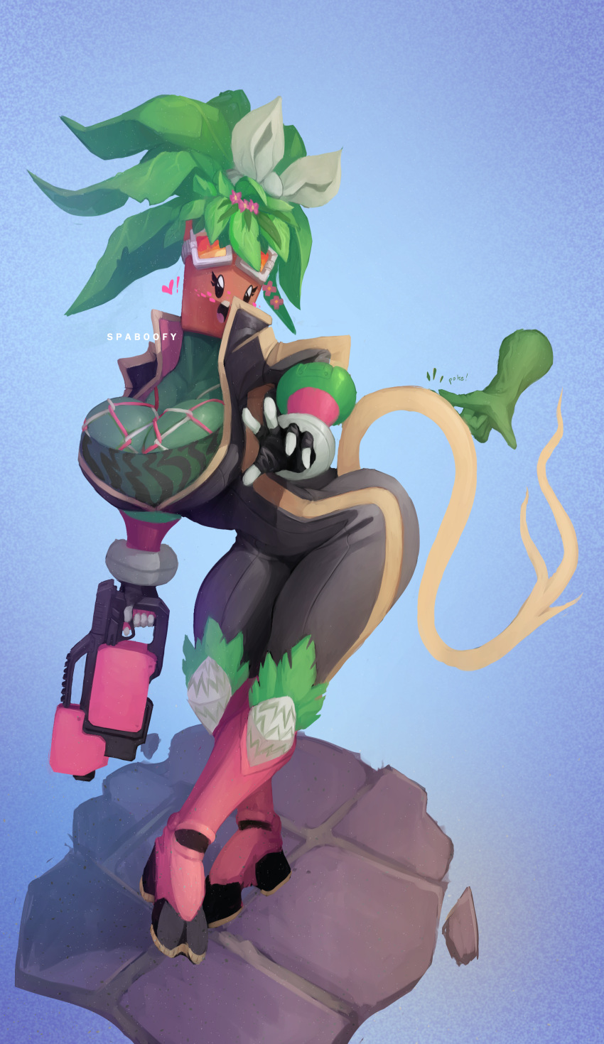 big_ass big_breasts blaster_master boots clothed clothing gloves green_body green_hair green_skin gun huge_ass huge_breasts kanna_(blaster_master) plant_girl plant_humanoid plantie ribbon spaboofy tail thick_thighs touching wide_hips