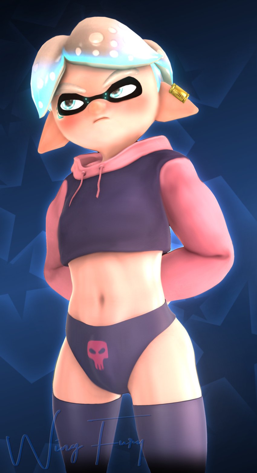 3d 3d_(artwork) blush crossdressing cyan_hair earrings femboy gay glowing inkling inkling_boy midriff panties penis_bulge sfm splatoon thighhighs underboob_sweater white_hair wing_fury