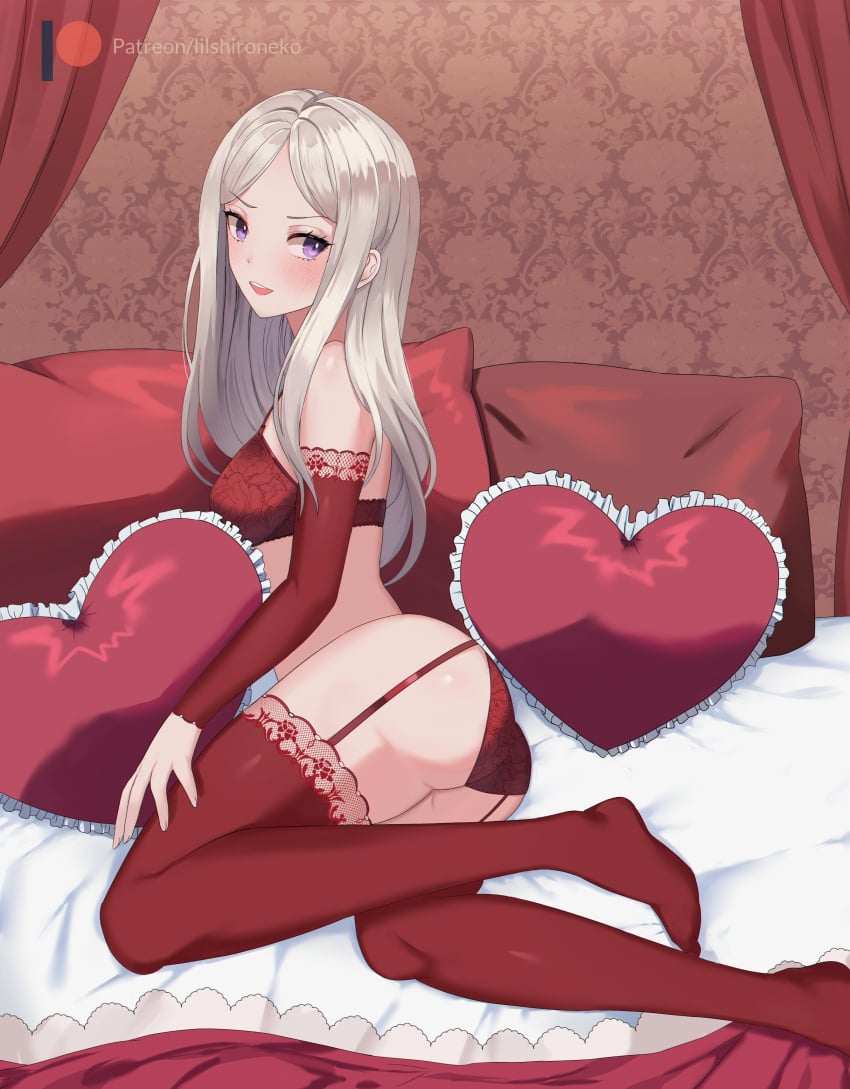 1girls ass big_ass breasts edelgard_von_hresvelg female female_only fire_emblem fire_emblem:_three_houses grey_hair heart_pillow lilshironeko lingerie looking_back nintendo on_bed panties purple_eyes red_lingerie red_panties small_breasts solo underwear