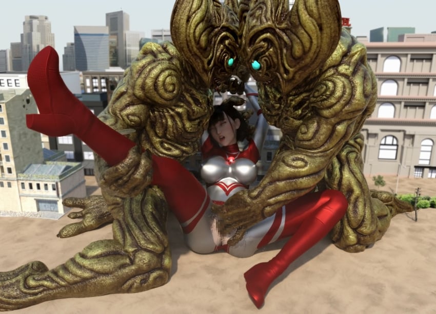 1girls 2boys 3d alien alien_girl alien_humanoid breasts building building_destruction building_sex city female female_penetrated heroine human losing losing_fight rape tight_clothing ultraman_(franchise) ultrawoman ultrawoman_katia