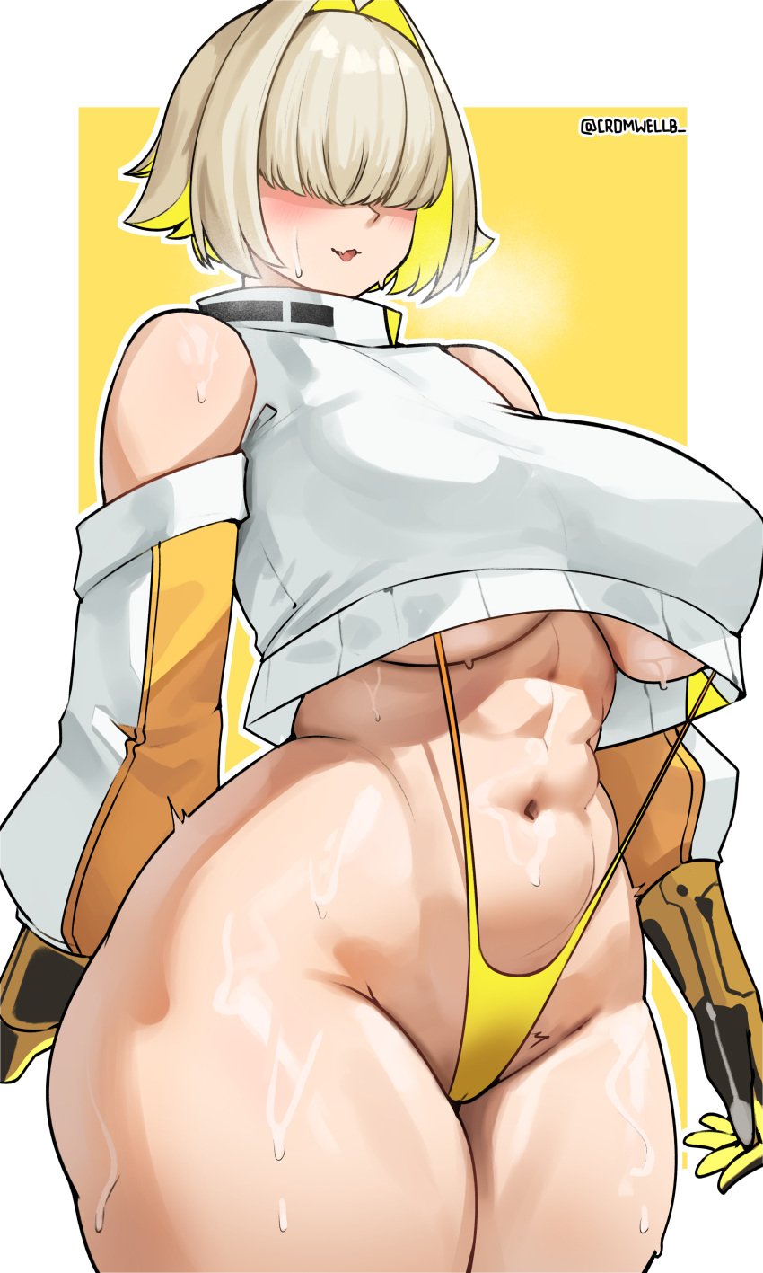 1girls 2024 abs absurd_res absurdres bare_shoulders black_gloves blonde_hair blush breasts cameltoe child_bearing_hips cowboy_shot cromwellb crop_top crop_top_overhang cropped_sweater curvy elegg_(nikke) female gloves goddess_of_victory:_nikke groin hair_intakes hair_over_eyes heavy_breathing highres hourglass_figure huge_breasts long_sleeves navel oerba_yun_fang skin_fang slingshot_swimsuit solo strap_gap sweat sweatdrop sweater swimsuit thick_thighs thighs twitter_username underboob underboob_sweater white_sweater wide_hips yellow_background yellow_gloves yellow_one-piece_swimsuit