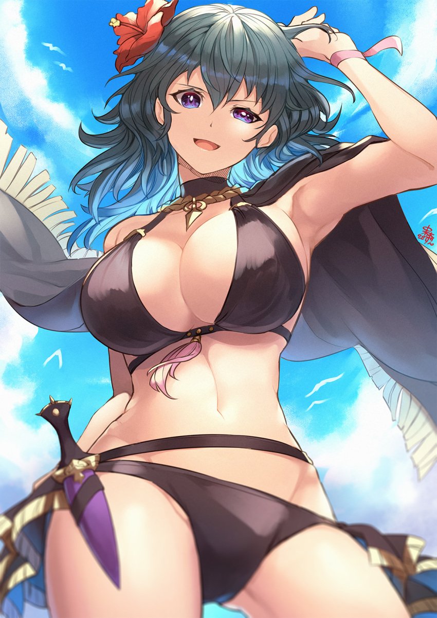 1girls arm_up bikini black_bikini black_swimsuit blue_eyes blue_hair blue_sky breasts byleth_(female)_(fire_emblem) byleth_(female)_(summer)_(fire_emblem) byleth_(fire_emblem) byleth_(fire_emblem)_(female) cleavage cloud dagger female female_only fire_emblem fire_emblem:_three_houses fire_emblem_heroes flower hair_flower hair_ornament highres knife large_breasts nakabayashi_zun nintendo official_alternate_costume open_mouth sheath sheathed sky solo swimsuit weapon