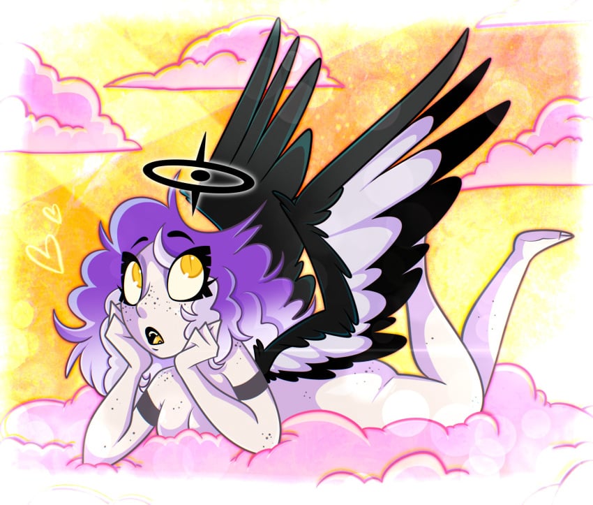 angel angel_wings cloud cute exorcist_(hazbin_hotel) halo hazbin_hotel masochistfox nonude on_cloud on_stomach pinup purple_hair runt_(masochistfox) small_breasts white_skin yellow_eyes