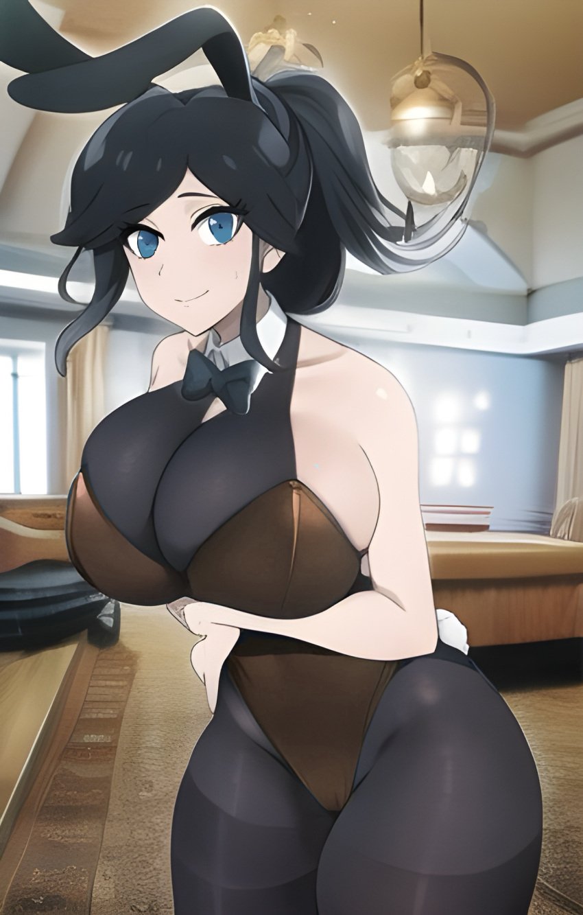 1girls ai_generated big_breasts black_hair black_legwear blue_eyes bra bunny_ears bunny_girl bunny_tail bunnysuit female_focus female_only golden_bra holding_breast large_breasts leggings looking_at_viewer lucca_(pokemon) pixai pokemon pokemon_(anime) pokemon_horizons smile smiling smiling_at_viewer solo solo_female thick_thighs