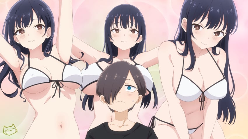 1boy 1boy1girl 1girls armpits arms_above_head arms_spread arms_up bare_arms bare_chest bare_midriff bare_shoulders bare_skin belly belly_button bikini black_hair black_hair_female blush blush_lines boku_no_kokoro_no_yabai_yatsu breasts breasts_apart brown_eyes brown_eyes_female cleavage collarbone dot_nose embarrassed embarrassed_female female female_focus high_resolution highres ichikawa_kyoutarou keihh light-skinned_female light_skin long_hair looking_at_viewer medium_breasts multiple_views naked naked_female navel nipple_bulge nude nude_female pink_background shoulders simple_background slender_body slender_waist slim_girl slim_waist smile smiling smiling_at_viewer standing string_bikini student swimsuit swimwear teenager thin_waist underboob upper_body waist white_bikini white_bikini_top white_swimsuit white_swimwear yamada_anna