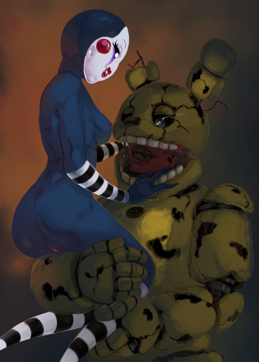 1boy 1girls absurd_res anthro anus ass black_body black_eyes breasts duo female five_nights_at_freddy's five_nights_at_freddy's_2 five_nights_at_freddy's_3 genitals green_body hi_res humanoid lagomorph larger_male leporid lifting makeup male male/female mammal marionette_(fnaf) puppet_(fnaf) pussy rabbit scottgames size_difference smile springtrap springtrap_(fnaf) suspendedpain teeth undead