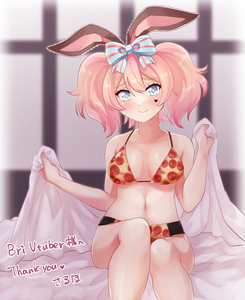 1girls blonde_hair blue_eyes blush boobs bowtie briatcookiebox bunny_ears bunny_girl female heart_on_cheek indie_virtual_youtuber large_breasts light_skinned_female looking_at_viewer on_bed pink_hair pizza sitting_on_bed smile solo_female solo_focus tits tummy virtual_youtuber vtuber