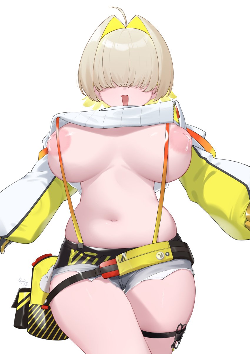 :d absurdres ahoge blonde_hair breasts breasts_apart breasts_out cowboy_shot denim_shorts dongye1551 elegg_(nikke) exposed_pocket female goddess_of_victory:_nikke hair_intakes hair_over_eyes highres inverted_nipples lactation large_breasts long_bangs long_sleeves multicolored_hair navel open_mouth plump short_shorts shorts simple_background solo suspender_shorts suspenders thick_thighs thigh_strap thighs two-tone_hair white_background