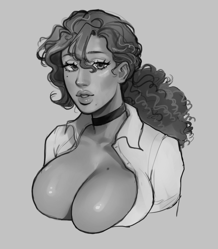 big_lips black_and_white breasts breasts choker cleavage cleavage_overflow curly_hair gwenervi mole open_shirt overflow overflowing_breasts tan_skin