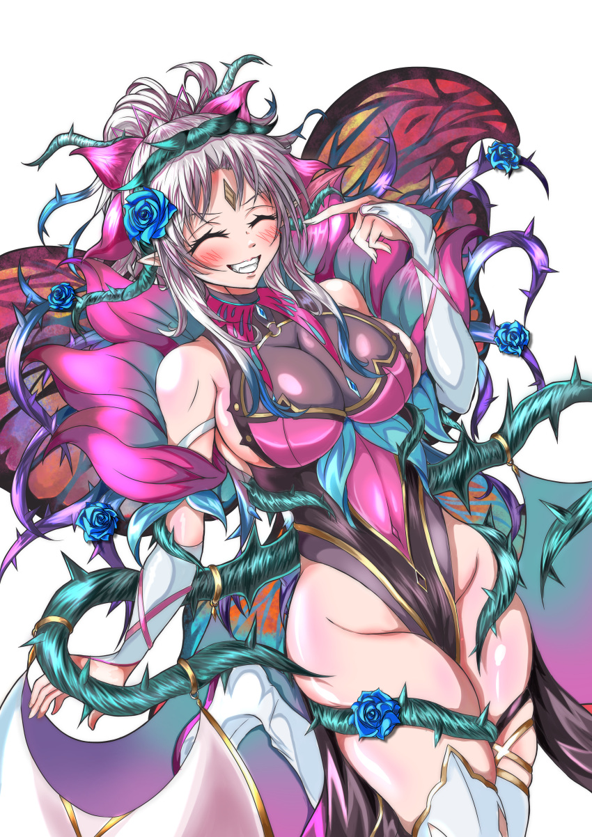 1girls alternate_costume bare_thighs bodystocking boots breasts bridal_gauntlets closed_eyes covered_navel dress fairy fairy_wings female female_only fire_emblem fire_emblem_heroes grey_hair grin large_breasts leotard long_hair nintendo official_alternate_costume pelvic_curtain plumeria_(fire_emblem) plumeria_(rapturous_dream)_(fire_emblem) pointy_ears ponytail sideboob smile solo thick_thighs thigh_boots thighs thorns violet_migu18 white_background wings