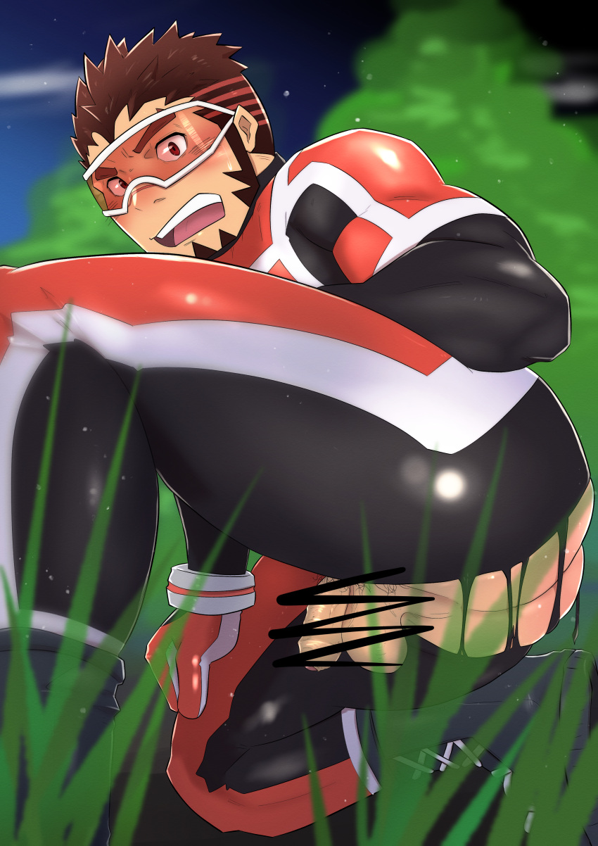 1boy absurdres akashi_(live_a_hero) ass bara bodysuit dotsu_(wtnbkwiyd) facial_hair flaccid from_below from_side gay goatee goggles grass highres large_pectorals leg_up live_a_hero long_sideburns looking_at_viewer male_focus muscular muscular_male open_mouth pectorals red_eyes red_hair scar scar_on_face scar_on_nose scribble_censor short_hair shy sideburns solo superhero_costume thick_thighs thighs torn_bodysuit torn_clothes