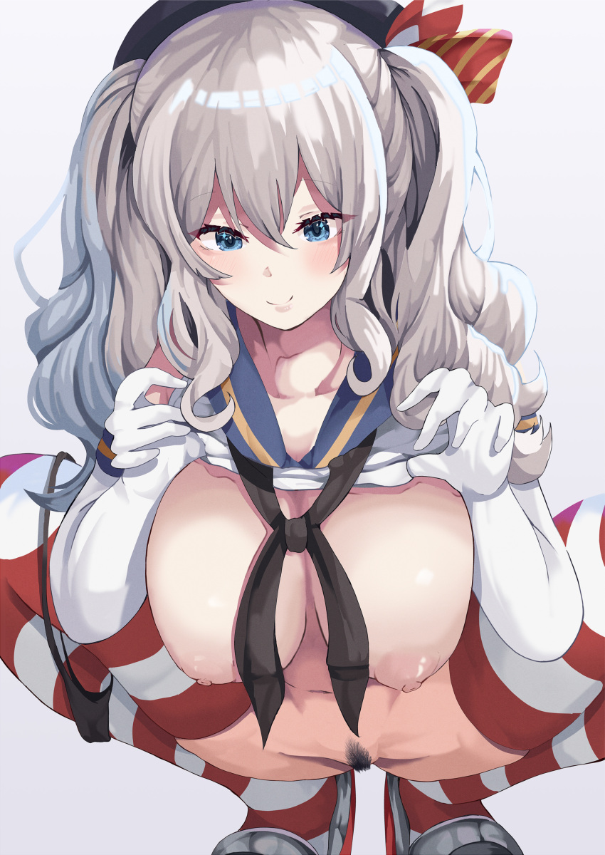 absurdres black_hairband black_neckerchief blue_eyes blue_sailor_collar blue_skirt bonkareohagi breasts cleavage clothes_lift commentary_request cosplay crop_top elbow_gloves female gloves grey_hair hairband highres kantai_collection kashima_(kantai_collection) microskirt neckerchief nipples pubic_hair pussy sailor_collar shimakaze_(kantai_collection) shimakaze_(kantai_collection)_(cosplay) shirt shirt_lift sidelocks simple_background skirt sleeveless sleeveless_shirt solo squatting striped_clothes striped_thighhighs thighhighs twintails wavy_hair white_background white_gloves white_shirt