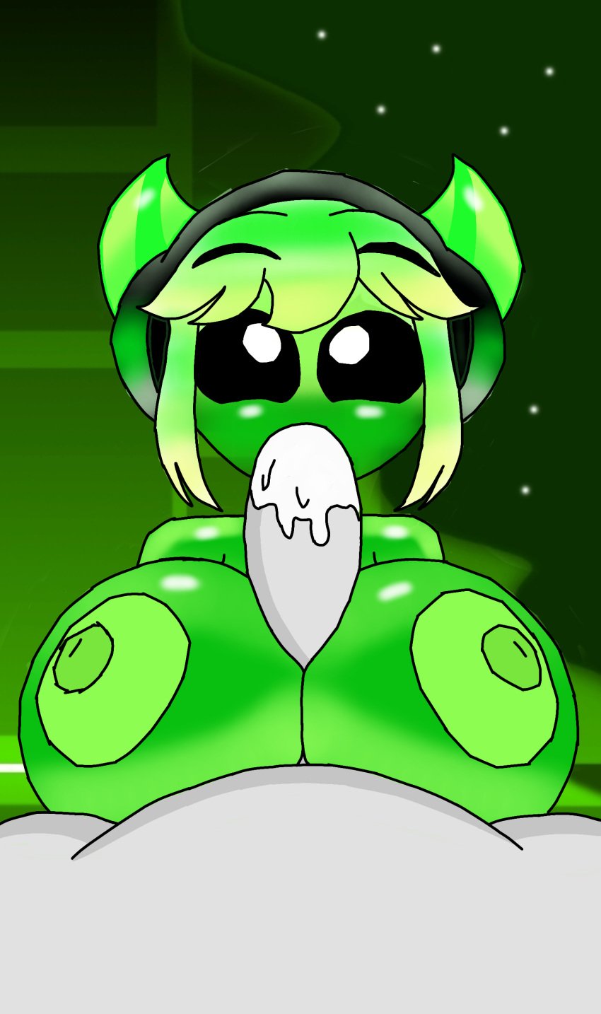 beat_banger big_breasts big_penis black_eyes cum cum_in_mouth female geometry_dash green_hair headphones horns normal_(geometry_dash) short_hair soupsillon sucking toriel_beat_banger unknown_source