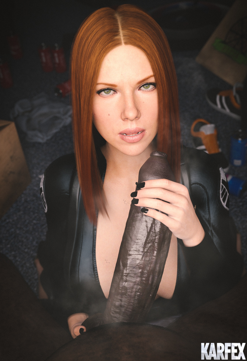 1boy 1girls 3d black_widow_(marvel) dark-skinned_male dark_penis dark_skin female female_focus ginger ginger_hair green_eyes handjob interracial karfex light-skinned_female light_skin male male_pov marvel marvel_cinematic_universe marvel_comics mole mole_under_eye natasha_romanoff partial_male red_hair redhead s.h.i.e.l.d. scarlett_johansson solo_focus straight stray_pubic_hair suit uncut