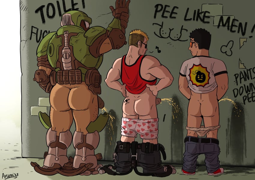 3boys arumidoge1108 ass bara black_hair blonde_hair briefs butt crossover doom doom_slayer_(doom) duke_nukem duke_nukem_(series) english_text footwear foreskin gay glasses graffiti graffiti_on_wall heart_underwear human male male_only multiple_boys muscular muscular_male pants pants_down pee peeing peeing_on_wall penis piss pissing red_tank_top sam_stone serious_sam shirt signature sunglasses tagme tank_top tattoo tattoo_on_butt text underwear underwear_down video_games whistling white_shirt