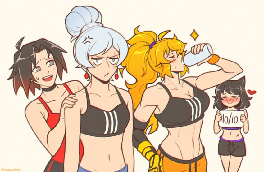 4girls annoyed annoyed_expression black_hair blake_belladonna blonde_hair blush blush_lines bottle cat_ears drinking female female_only gold_eyes gray_eyes grey_eyes hand_on_hip holding_object holding_sign human lavender_eyes multiple_girls red_earrings red_hair red_highlights ruby_rose rwby small_breasts sports_bra sportswear sweat water_bottle weiss_schnee white_hair yang_xiao_long yellow_nicky_(artist)