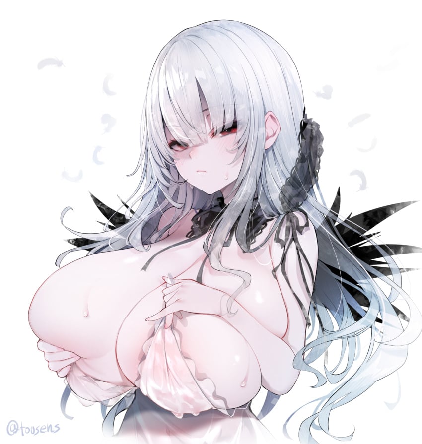 1girls alternate_breast_size big_breasts black_wings blush breasts_bigger_than_head doll_girl doll_joints feathered_wings female huge_breasts large_breasts long_hair rozen_maiden silver_hair solo suigintou sweatdrop tousen upper_body white_hair wings