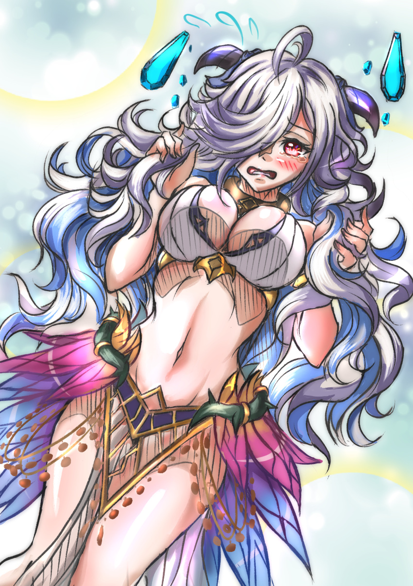 1girls ahoge alternate_costume bare_midriff bikini blue_hair blush breasts cleavage collar colored_inner_hair cosplay crying crying_with_eyes_open eitr_(fire_emblem) embarrassed female female_only fire_emblem fire_emblem_heroes freyja_(fire_emblem)_(cosplay) grey_hair hair_over_one_eye hornso large_breasts long_hair looking_at_viewer midriff multicolored_hair nervous nintendo open_mouth pelvic_curtain red_eyes see-through solo swimsuit very_long_hair violet_migu18 white_bikini white_swimsuit