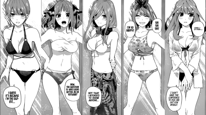 5girls bikini go-toubun_no_hanayome manga monochrome nakano_ichika nakano_itsuki nakano_miku nakano_nino nakano_yotsuba official_art quintuplets siblings sisters sisters_(lore) swimsuit swimsuits