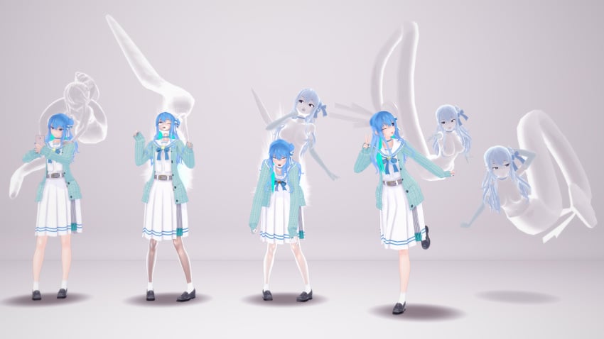 3d blue_eyes blue_hair ghost ghost_girl ghost_tail grey_background hololive hololive_japan hoshimachi_suisei koikatsu possession tagme tail takumisrealmtf transformation_sequence translucent transparent_body virtual_youtuber vtuber