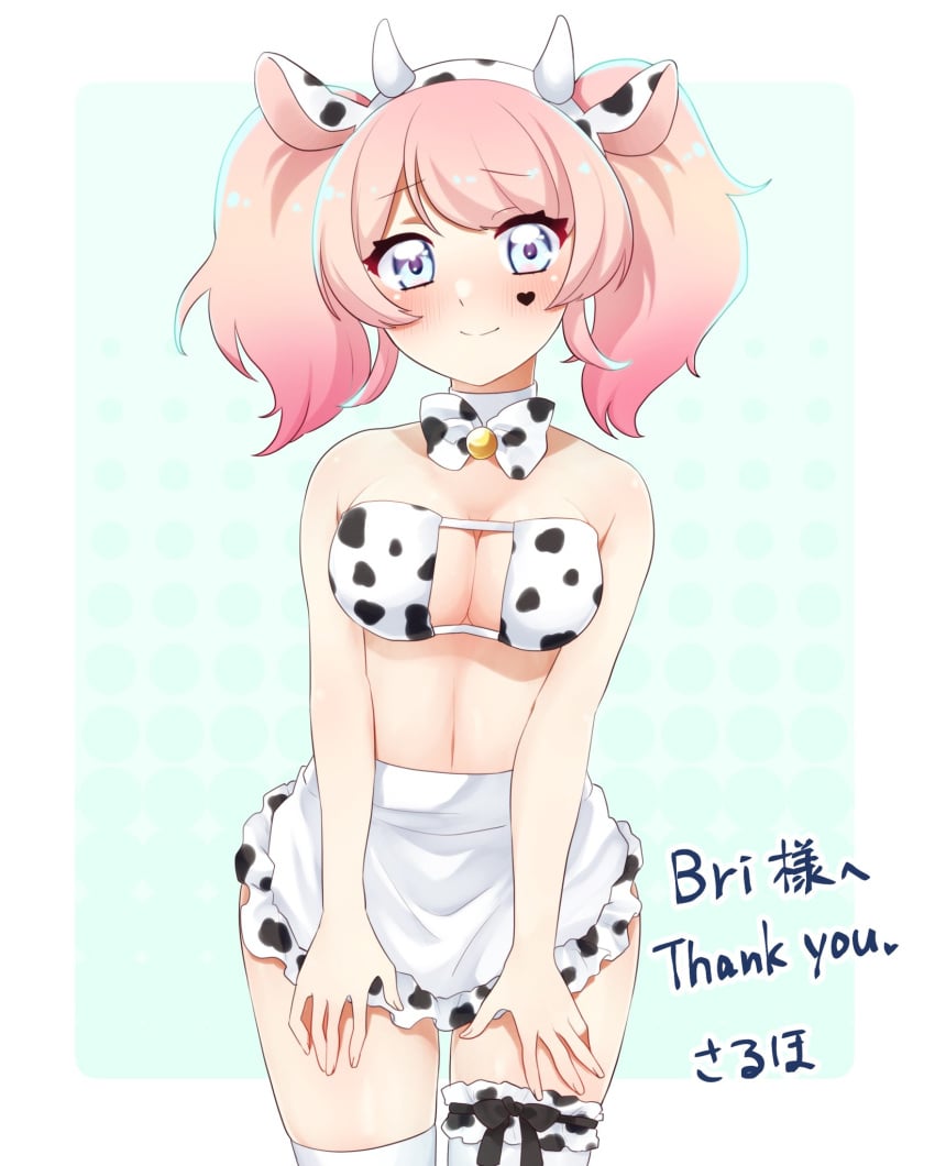 1girls absolute_territory blonde_hair blue_eyes boobs bowtie briatcookiebox cow_print female female_only fully_clothed heart_on_cheek indie_virtual_youtuber large_breasts light_skinned_female looking_at_viewer pink_hair revealing_clothes skimpy_clothes smile solo_female solo_focus stockings thighhighs tits tummy virtual_youtuber vtuber