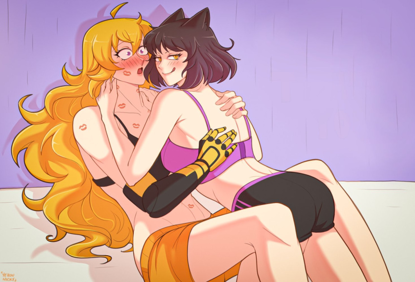 black_hair blake_belladonna blonde_hair canon_couple gold_eyes lavender_eyes lesbian rwby yang_xiao_long yellow_nicky_(artist)