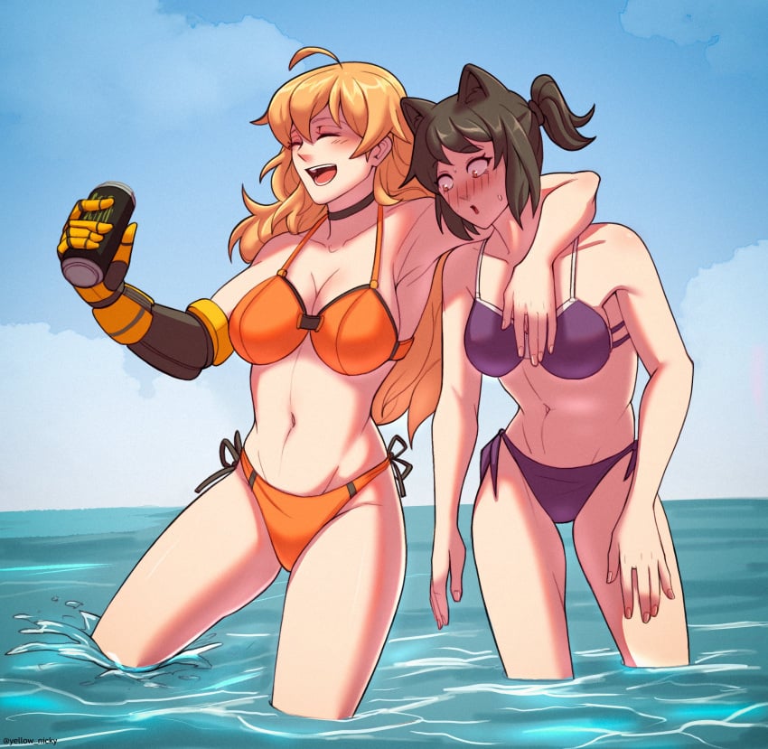 bikini black_hair blake_belladonna blonde_hair blush canon_couple drink faunus gold_eyes lavender_eyes lesbian ocean prosthetic rwby yang_xiao_long yellow_nicky_(artist) yuri