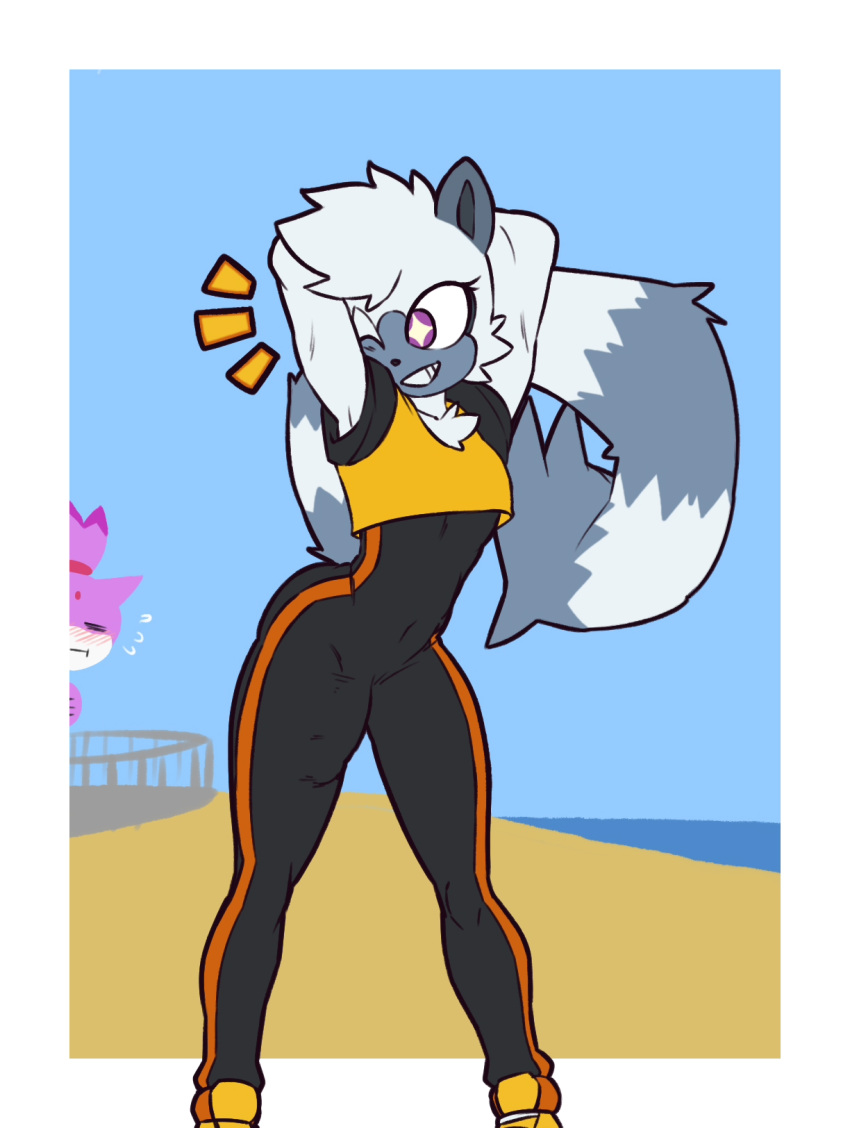 anthro beach blaze_the_cat blush bodysuit bulge devil_draenor dickgirl female furry futanari penis sega sonic_(series) sonic_the_hedgehog_(comics) stretching tangle_the_lemur