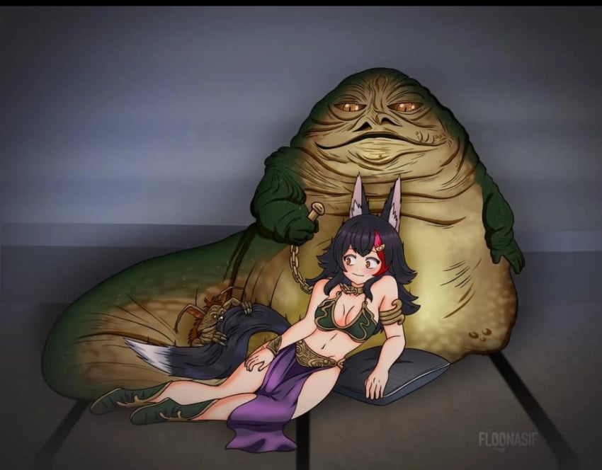 crossover floonasif hololive hutt jabba_the_hutt ookami_mio salacious_crumb slave slave_bikini slave_leia_(cosplay) slavegirl star_wars tail virtual_youtuber