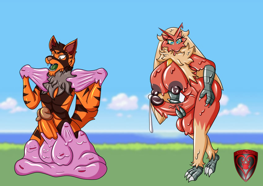 absurd_res anthro blaziken bodily_fluids corruption ditto_(disambiguation) gender_transformation generation_3_pokemon goo_(disambiguation) gynomorph hi_res hyper hypnosis intersex lactating ladyfoxheart latex mind_control nintendo original_character pokemon pokemon_(species) skyclaw_eallec species_transformation transformation