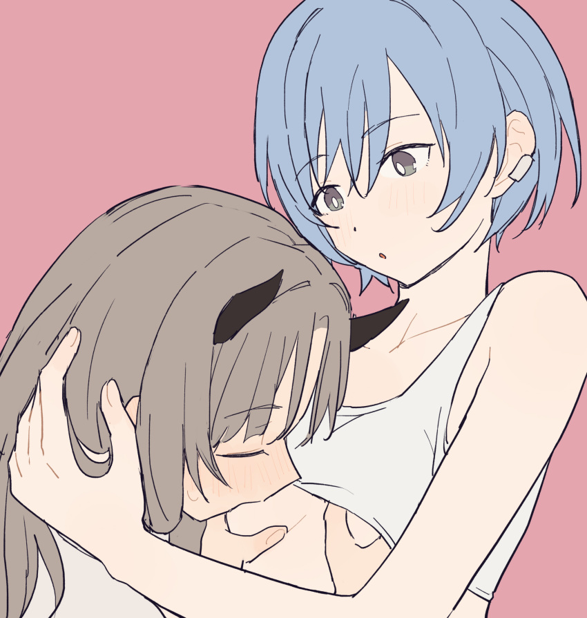 2girls :o arknights blue_hair blush breast_sucking breasts coldcat. collarbone commentary earclip f-ism fortuna_(arknights) grabbing grabbing_another's_breast grey_eyes grey_hair groping highres horns long_hair looking_at_another multiple_girls pink_background short_hair simple_background small_breasts spuria_(arknights) sweat sweatdrop tank_top upper_body white_tank_top yuri