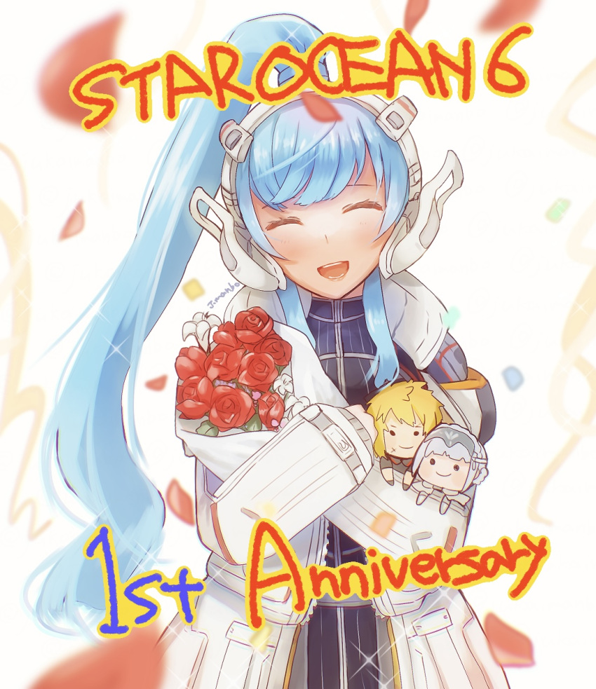 anniversary blue_eyes blue_hair bouquet bouquet_of_flowers flowers laeticia_aucerius marielle_kenny military_uniform open_mouth ponytail raymond_lawrence smiling star_ocean star_ocean_the_divine_force trutsmn uniform video_game_character video_game_franchise