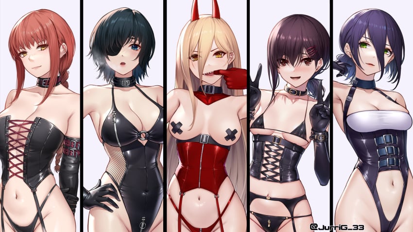 5girls adult armpits arms_behind_back bare_arms bare_breasts bare_chest bare_shoulders bare_skin belly belly_button black_hair black_hair_female blonde_female blonde_hair blonde_hair_female blue_eyes blue_eyes_female bra braid braided_hair braided_ponytail breasts chainsaw_man choker cleavage collar collarbone dot_nose female female_focus female_only finger_in_mouth fingers green_eyes green_eyes_female groin hair_between_eyes hair_bun hairbun hairpin hand_on_hip higashiyama_kobeni himeno_(chainsaw_man) horns hourglass_figure jagged_teeth jurrig large_breasts leather leather_gloves leather_harness leather_straps light-skinned_female light_skin line_art lips long_hair looking_at_viewer makima_(chainsaw_man) medium_breasts multiple_girls navel open_mouth panties petite petite_body petite_breasts petite_female petite_girl ponytail power_(chainsaw_man) red_hair red_hair_female red_horns reze_(chainsaw_man) shiny_skin short_hair shoulders simple_background slender_body slender_waist slim_girl slim_waist small_breasts smile smiling smiling_at_viewer standing straight_hair student teenager thin_waist underwear upper_body upper_teeth v v-line white_background yellow_eyes yellow_eyes_female