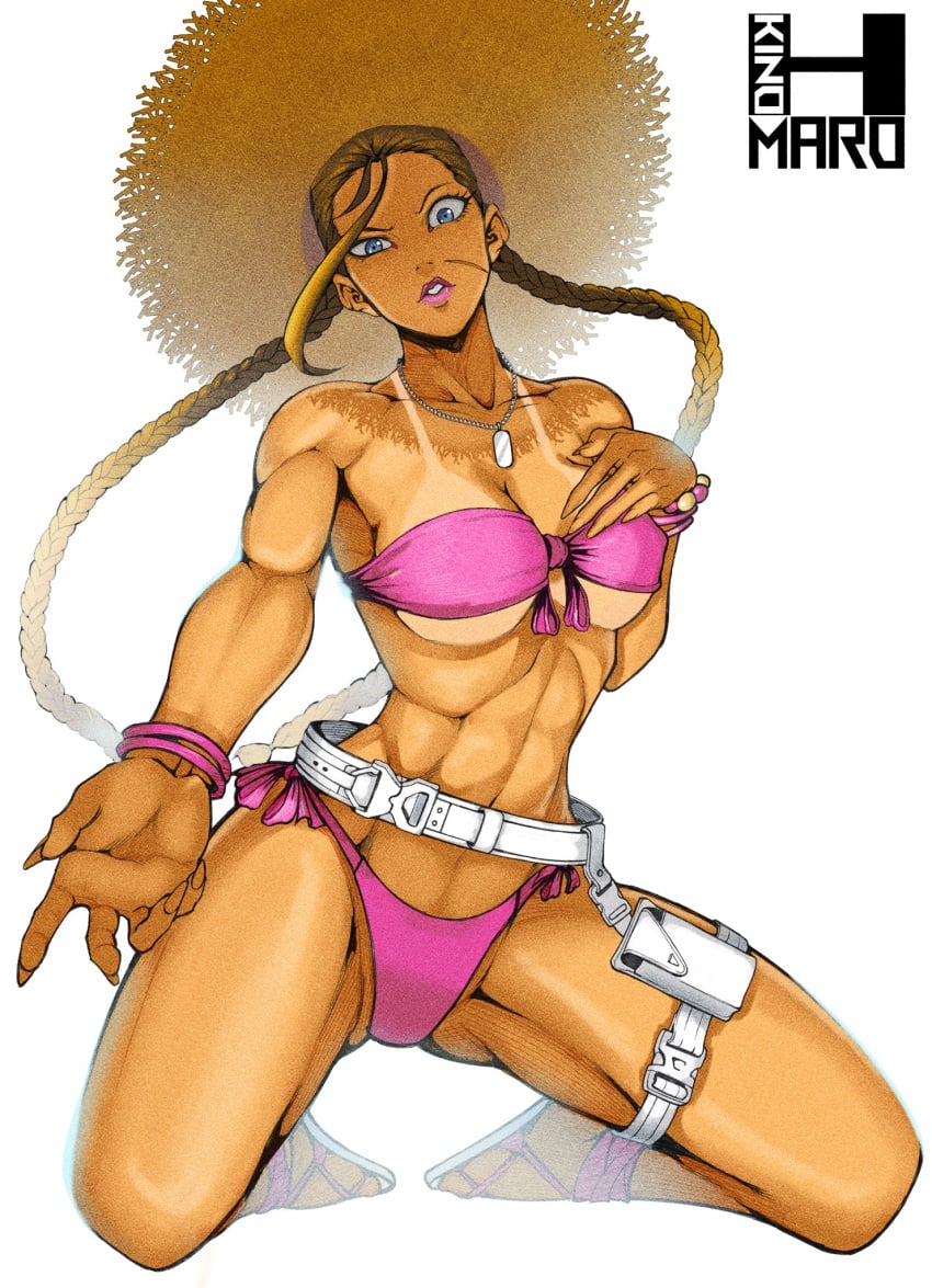 1girls artist_logo blonde_hair blue_eyes busty cammy_white capcom face_scar kinohmaro kneeling light-skinned_female light_skin muscular muscular_female pink_bikini pink_lipstick sandals street_fighter tan_lines twintails