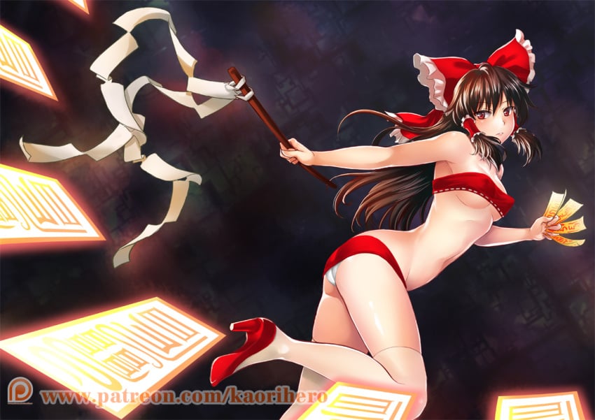 1girls ass bra brown_hair gohei hair_ribbon hair_tubes high_heels kaorihero navel ofuda panties red_footwear reimu_hakurei solo stockings touhou white_stockings