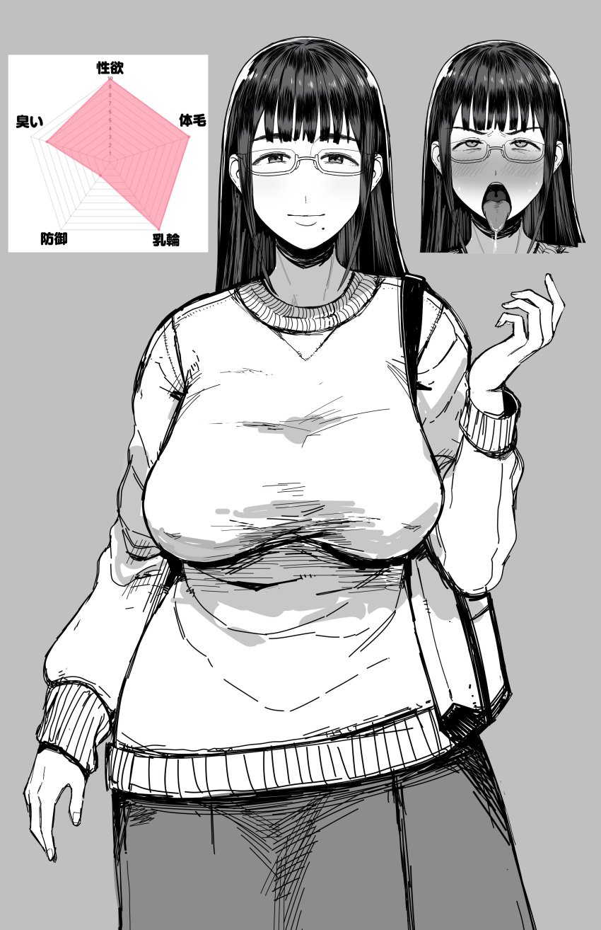 1cekiss 1girls big_breasts breasts busty curvaceous curvy curvy_body curvy_female curvy_figure female fully_clothed glasses huge_breasts icekiss japanese_text large_breasts mole mole_under_mouth naughty_face original original_character tongue tongue_out translation_request voluptuous