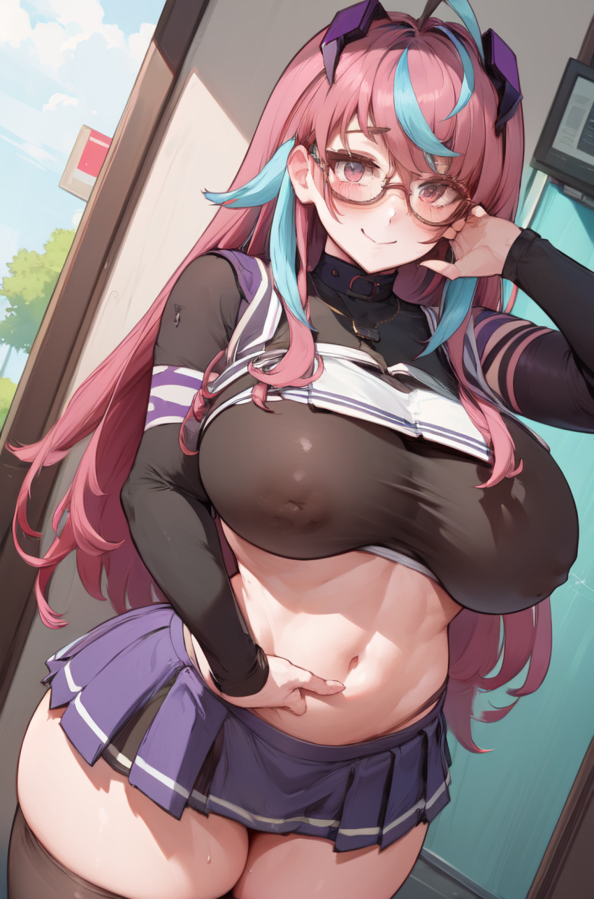 ai_generated emikukis glasses huge_breasts ricochetk school_uniform smile sweat virtual_youtuber vtuber wide_hips