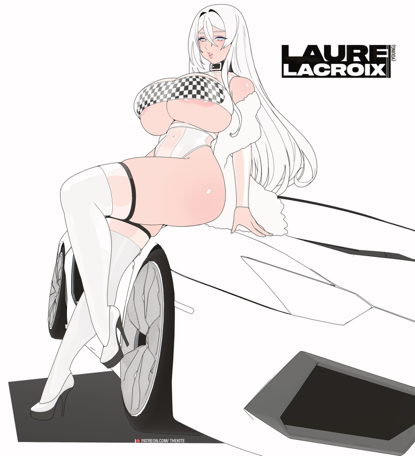 bikini car clothing collar color female female_focus female_only hair hi_res high_heels laure_lacroix long_hair original_character platform_heels pokemon racing_suit revealing_clothes skimpy_clothes stockings thekite white