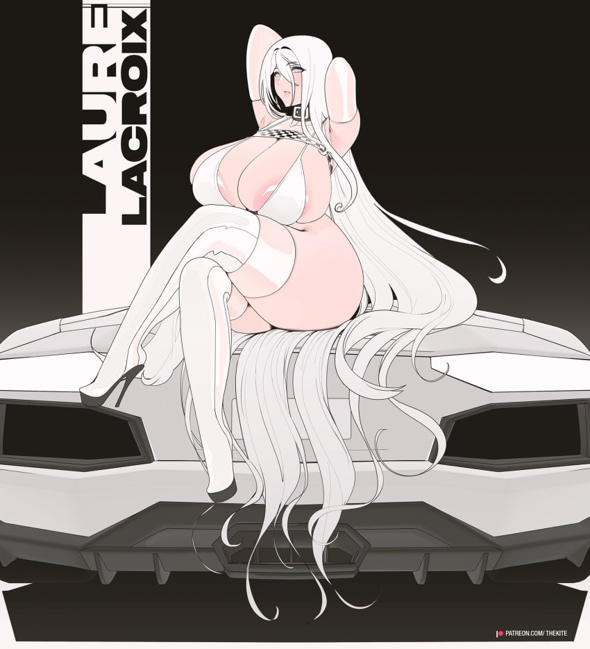 big_breasts bikini boots breasts breasts_bigger_than_head car cleavage clothing collar color female female_focus female_only hair hi_res high_heels huge_ass laure_lacroix long_hair original_character platform_heels pokemon racing_suit revealing_clothes skimpy_clothes stockings thekite thick_thighs thigh_boots thighhighs thighs white white_hair wide_hips