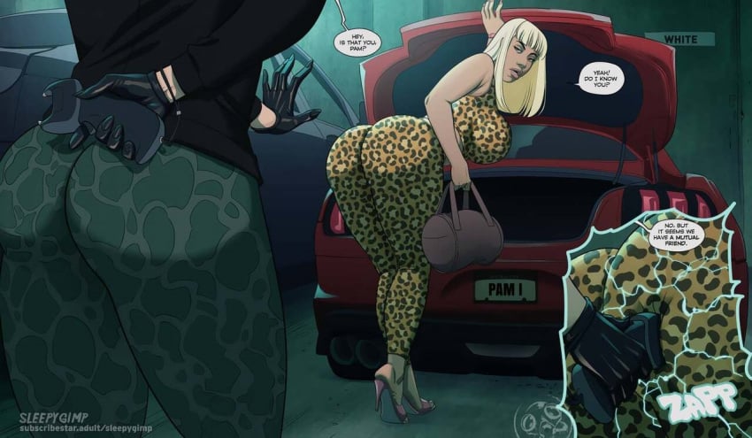 2girls big_ass big_butt blonde_hair comic dialogue electric_shock electricity electroshock_weapon electrostimulation evelina_le_fey female heels huge_breasts kidnapping leopard_print multiple_girls pam_(sleepygimp) sleepygimp sparks stun_gun taser