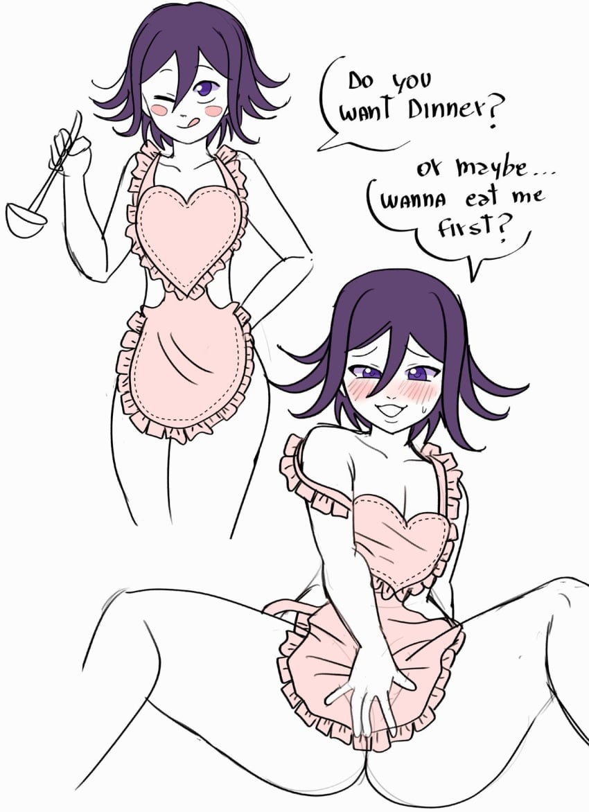 apron apron_only ass danganronpa danganronpa_v3 disruptiva english_text femboy male_only new_danganronpa_v3 ouma_kokichi partially_clothed purple_eyes purple_hair solo speech_bubble text thighs