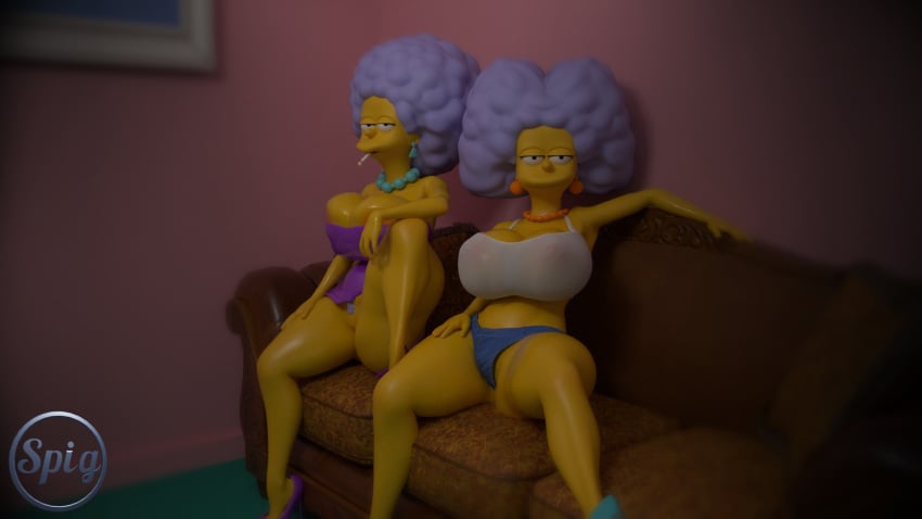 3d 3d_(artwork) 3d_model afro cartoon earrings exposed_pussy heels jorts looking_at_viewer necklace on_couch patty_bouvier pubes pubes_exposed see-through_clothing selma_bouvier smoking smoking_cigarette spread_legs the_simpsons thespig thick_thighs twins