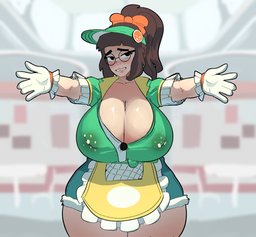 1girls breasts dand_u eyewear fully_clothed glasses hug huge_breasts lactation lactation_through_clothes mei_(overwatch) overwatch overwatch_2 solo solo_female