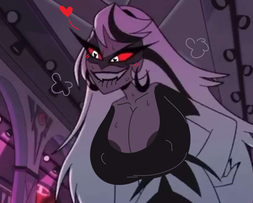 big_boobs big_breasts biting_lip biting_own_lip black_clothing blush blushing boob_window breasts_peeking_out_of_shirt carmilla_carmine ear_ring edit edited edited_screencap hand_on_hip hazbin_hotel heart heart-shaped_pupils long_hair multiple_artists steam sweat sweatdrop tagme unknown_artist white_hair