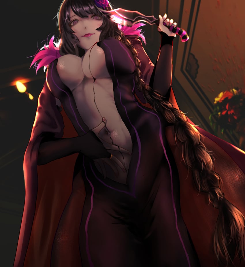 black_dress black_hair braid breasts cape cleavage cloak dagger detached_sleeves dress elsa_granhilte female flower flower_on_head fur_trim highres knife large_breasts long_hair looking_down mole mole_under_eye navel nikuman_(samara) pantyhose purple_eyes purple_flower purple_rose re:zero_kara_hajimeru_isekai_seikatsu revealing_clothes rose viewed_from_below weapon worm's-eye_view