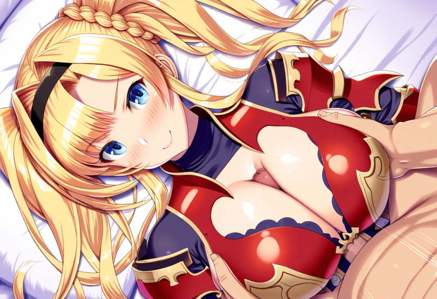 1boy 1girls ai_generated armor blonde_hair blue_eyes cleavage female grabbing_another's_breast granblue_fantasy large_breasts lying lying_on_back nai_diffusion on_back paizuri paizuri_under_clothes penis straddling straddling_paizuri zeta_(granblue_fantasy)